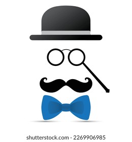 Black mustache, lorgnette, hat and blue bowtie on white background