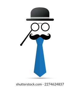 Black mustache, lorgnette, hat and blue tie on white background