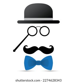 Black mustache, lorgnette, hat and blue bowtie on white background