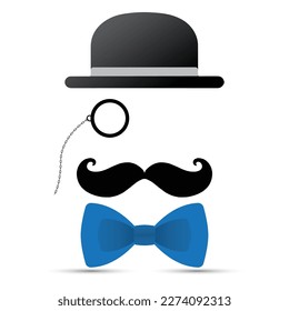 Black mustache, monocle, hat and blue bowtie on white background