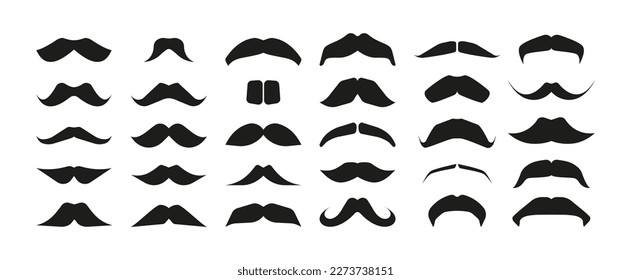 Schwarze Schnurrbart-Kollektion. Doodle männliche Whisker-Symbole, Variationen von männlichen Gesichtshaar-Stile verschiedenen Formen, einfache barbere Silhouetten. Vektor-Einzelsatz. Modische Gentleman Hipster-Elemente