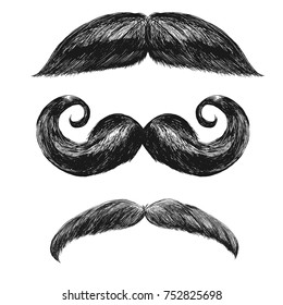 Black mustaches set with some grayish hair. Comic funny shaped moustaches collection. Cool father's day decorative elements. May be used for chat effects. Vector illustration for Your design.