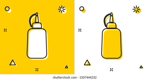 Black Mustard bottle icon isolated on yellow and white background. Random dynamic shapes. Vector Illustration