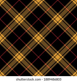 Black, Mustard Yellow, Red Plaid Pattern. Herringbone Textured Seamless Tartan Check Plaid Dark Background For Flannel Shirt, Skirt, Or Other Modern Autumn Winter Textile Print.