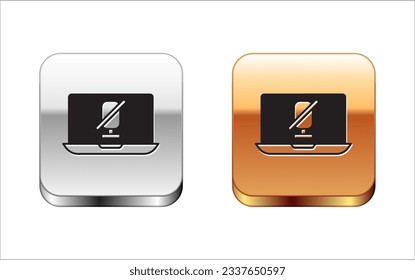 Black Mute microphone on laptop icon isolated on white background. Microphone audio muted. Silver and gold square buttons. Vector