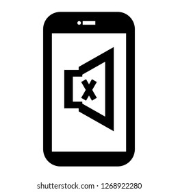 black mute smartphone in silent mode with turn off sound sign on white screen