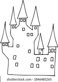 black mysterious castle vector illustration. Halloween cottage image. 