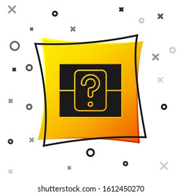 Black Mystery box or random loot box for games icon isolated on white background. Question box. Yellow square button. Vector Illustration