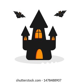 Black mystery castle with spiders is symbol of decorations Halloween. Silhouette, an element of a seasonal traditional holiday