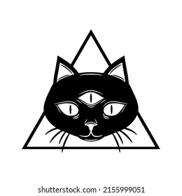 Black mystic face cat three eyes witch magic with triangle boho tattoo icon flat vector design.