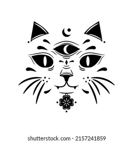 Black mystic face cat three eyes witch magic with moon and flower boho tattoo icon flat vector design.