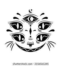 Black mystic face demon cat five eyes smile witch magic with moon boho tattoo icon flat vector design.