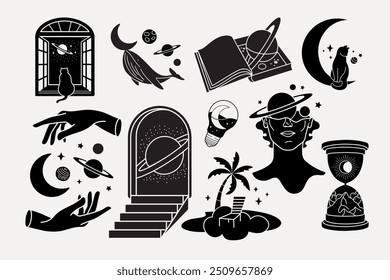 Conjunto de Clipart místico negro, Vector de ilustración celestial