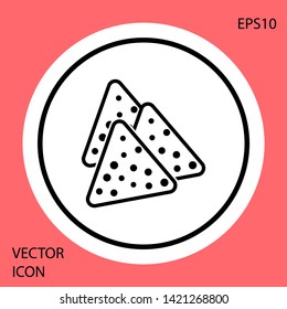 Black Nachos icon isolated on red background. Tortilla chips or nachos tortillas. Traditional mexican fast food. White circle button. Vector Illustration