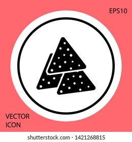 Black Nachos icon isolated on red background. Tortilla chips or nachos tortillas. Traditional mexican fast food. White circle button. Vector Illustration