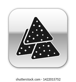 Black Nachos icon isolated on white background. Tortilla chips or nachos tortillas. Traditional mexican fast food. Silver square button. Vector Illustration
