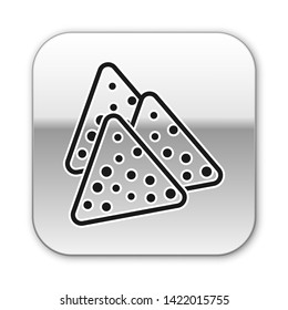Black Nachos icon isolated on white background. Tortilla chips or nachos tortillas. Traditional mexican fast food. Silver square button. Vector Illustration