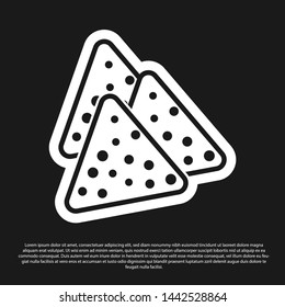 Black Nachos icon isolated on black background. Tortilla chips or nachos tortillas. Traditional mexican fast food. Vector Illustration