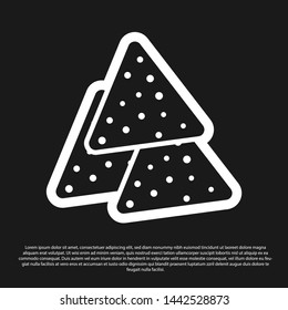 Black Nachos icon isolated on black background. Tortilla chips or nachos tortillas. Traditional mexican fast food. Vector Illustration