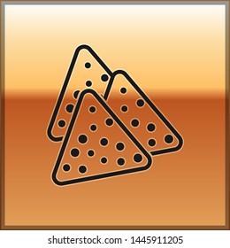 Black Nachos icon isolated on gold background. Tortilla chips or nachos tortillas. Traditional mexican fast food. Vector Illustration