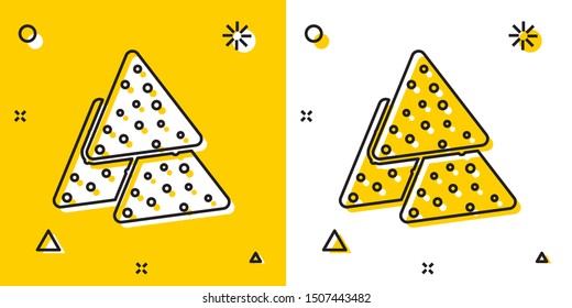 Black Nachos icon isolated on yellow and white background. Tortilla chips or nachos tortillas. Traditional mexican fast food. Random dynamic shapes. Vector Illustration