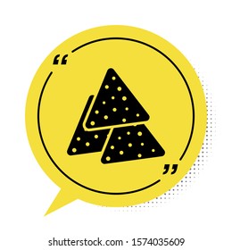 Black Nachos icon isolated on white background. Tortilla chips or nachos tortillas. Traditional mexican fast food. Yellow speech bubble symbol. Vector Illustration