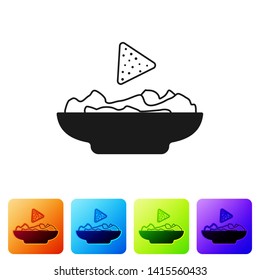 Black Nachos in plate icon isolated on white background. Tortilla chips or nachos tortillas. Traditional mexican fast food. Set icon in color square buttons. Vector Illustration