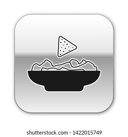 Black Nachos in plate icon isolated on white background. Tortilla chips or nachos tortillas. Traditional mexican fast food. Silver square button. Vector Illustration