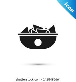 Black Nachos in plate icon isolated on white background. Tortilla chips or nachos tortillas. Traditional mexican fast food menu.  Vector Illustration