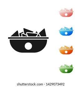 Black Nachos in plate icon isolated on white background. Tortilla chips or nachos tortillas. Traditional mexican fast food menu. Set icons colorful. Vector Illustration