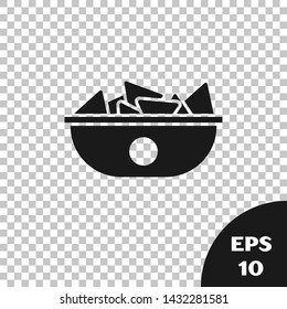 Black Nachos in plate icon isolated on transparent background. Tortilla chips or nachos tortillas. Traditional mexican fast food menu.  Vector Illustration