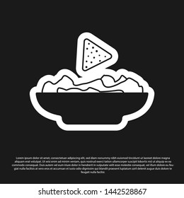Black Nachos in plate icon isolated on black background. Tortilla chips or nachos tortillas. Traditional mexican fast food. Vector Illustration