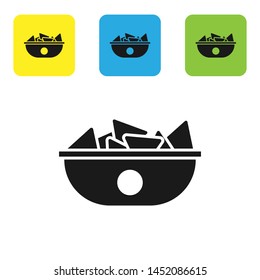 Black Nachos in plate icon isolated on white background. Tortilla chips or nachos tortillas. Traditional mexican fast food menu. Set icons colorful square buttons. Vector Illustration