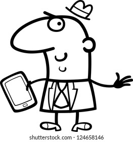 Black nad White Cartoon Vector Illustration of Man or Businessman with Tablet PC or Mobile Phone