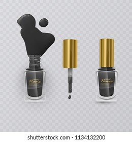 Black nail Polish with gold cap on transparent background, vector illustration