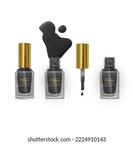 Black nail Polish with gold cap on transparent background. vector illustration
