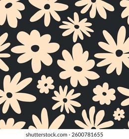 Black naive funny seamless pattern with cute flowers. Floral background