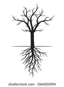 Black naked Tree with Roots. Vector Illustration and graphic elements.