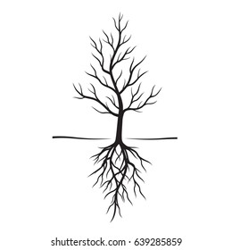 Black Naked Trees and Roots. Vector Illustration.