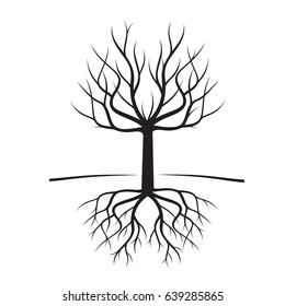 Black Naked Trees and Roots. Vector Illustration.