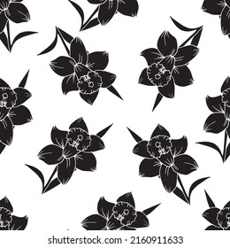 Black narcissus  seamless pattern. Vector illustration in boho style for wrapping paper, textile, backgrounds.