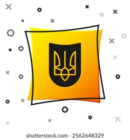 Black National emblem of Ukraine icon isolated on white background. Ukrainian trident. Yellow square button. Vector