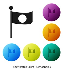 Black National flag of Japan on pole icon isolated on white background. Metal flagpole. Set icons colorful circle buttons. Vector Illustration