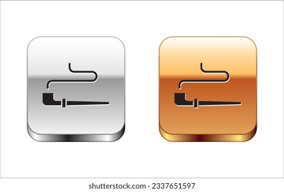 Black Native American indian smoking pipe icon isolated on white background. Silver and gold square buttons. Vector