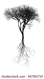 Black naturalistic bare tree with root system - vector illustration