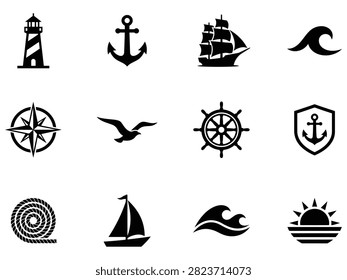 Black nautical icon set including lighthouses anchors tall ships waves compasses seagulls and steering wheels on transparent grid background.