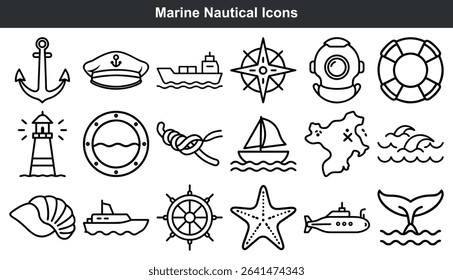 Black Nautical Icons Set Line Art