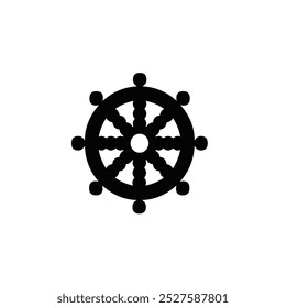 Black nautical ship wheel icon on white background.