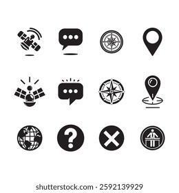 Black Navigation and Communication Icons Set, GPS and Location Markers, Compass Symbols, Chat Bubbles, Satellite Signals, Global Positioning, UI and UX Elements, Travel and Map Direction Icons