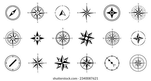 Black navigation compass icon collection. Set of abstract compass icons